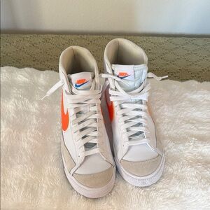 Nike White and Orange High-Top Sneakers -youth size 7  or women’s size 8